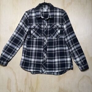 Duluth Trading Co Flannel Shirt Black White Plaid Button Up Mens L